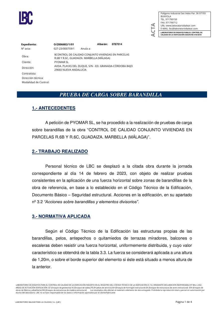 Primera página de Ensayo a rotura — Pyomar Nueva Andalucía